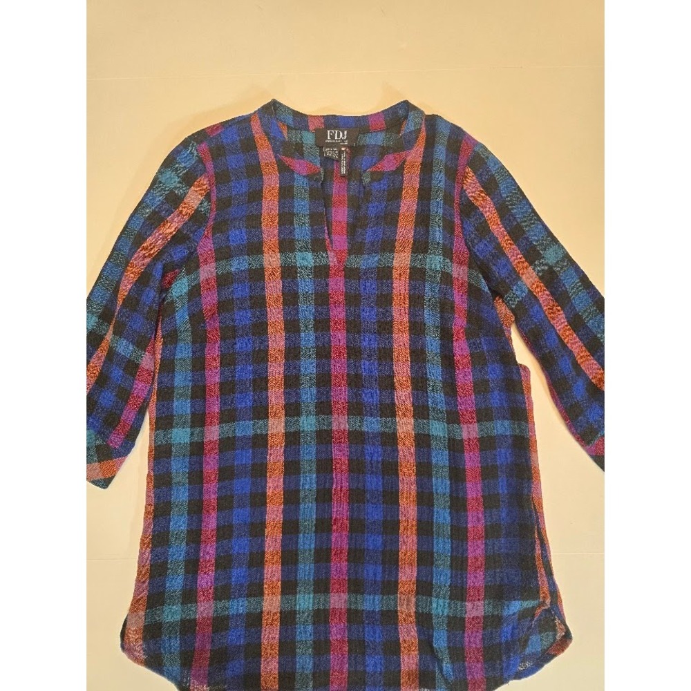 FDJ‎ French Dressing Plaid Tunic Top 3/4 Sleeve Colorful Blouse XS